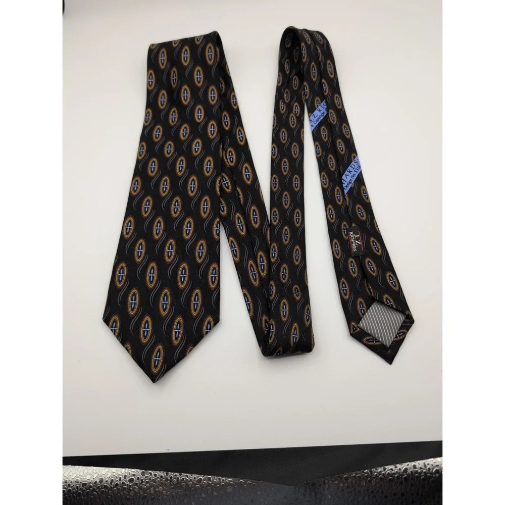 Vintage J.Z.‎ Richards Silk Tie Black Geometric Oval Medallion Pattern Made USA